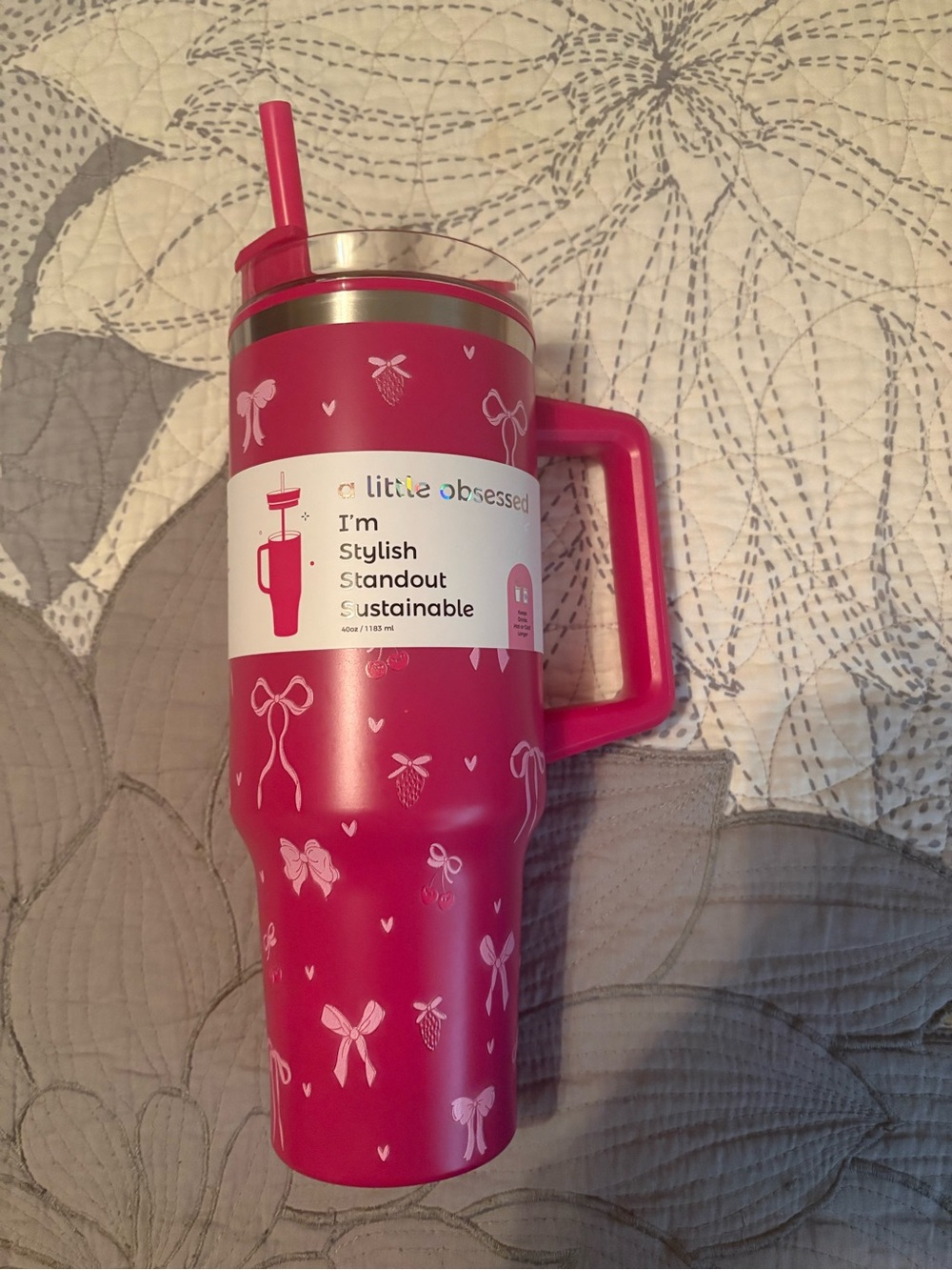New Little Obsessed Pink Bow Travel Tumbler with Handle & Straw